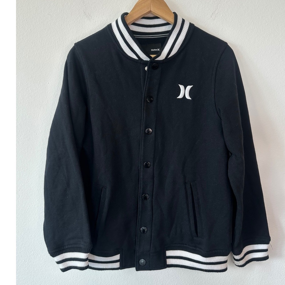 Hurley Varsity Jacket Black White Snap Front Fleece Bomber womens/juniors Size L